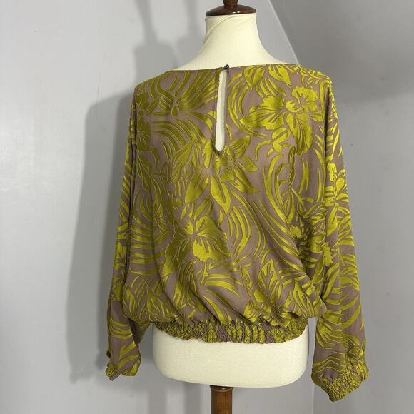 Cynthia Vincent Velvet Tropical Boho Artsy Top Large Blouse Peasant Neon Citron - Picture 2 of 10